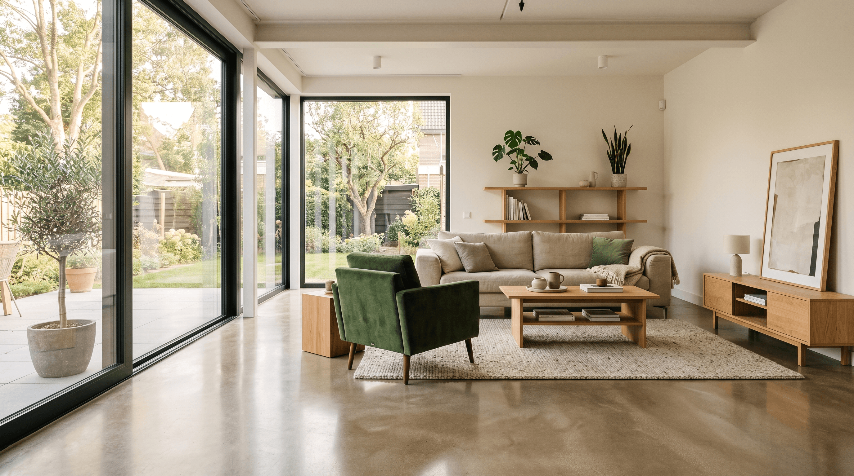 Woonkamer met gietvloer en vloerverwarming, eiken meubels en groene fauteuil