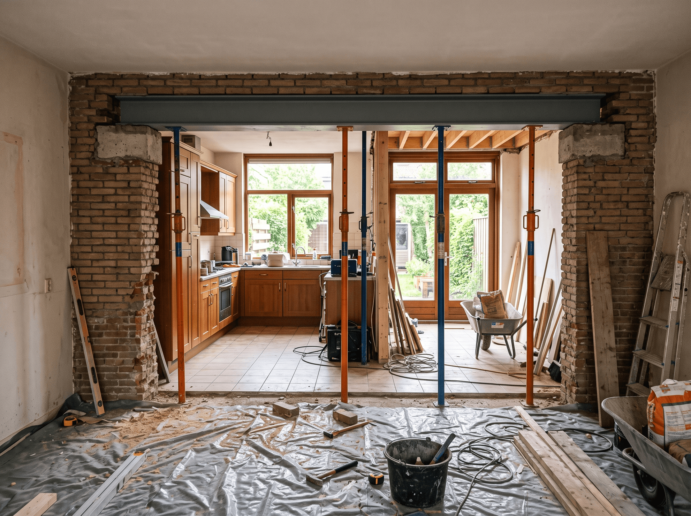 Doorgebroken dragende muur tussen keuken en woonkamer met nieuwe stalen balk op stempels